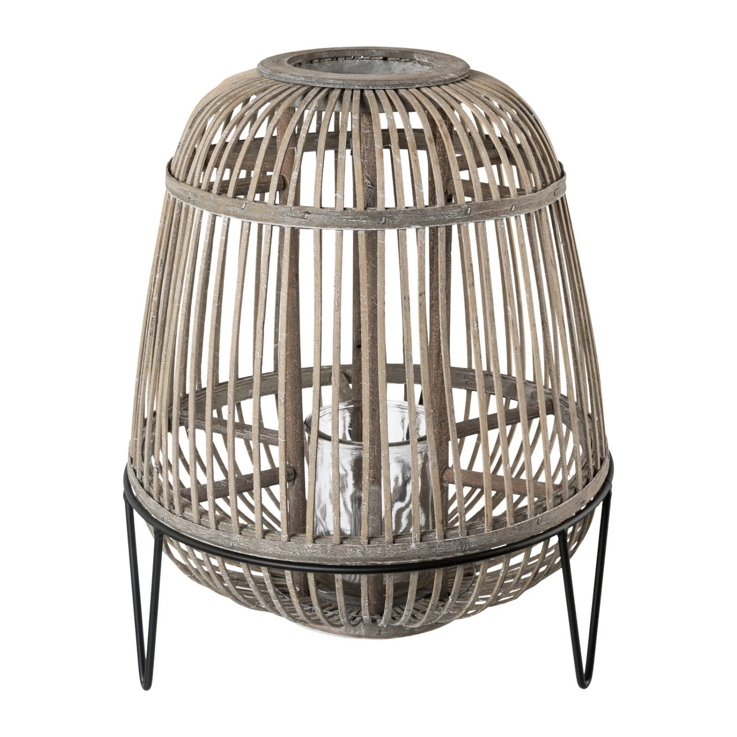 Windlicht, Bambus, Metallrack, Grau, 40 X 44 Cm