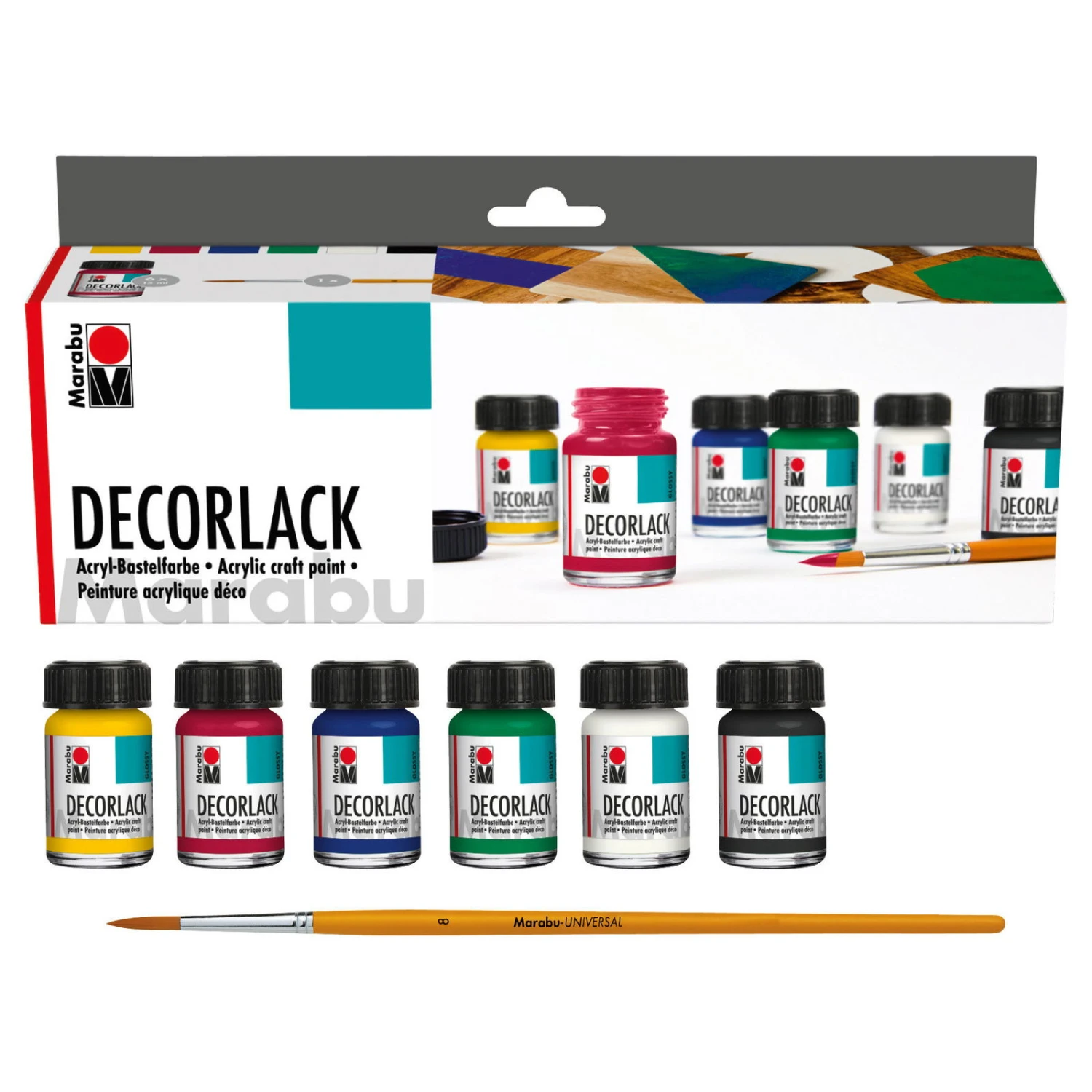 Decorlack Starterset, 1 Pinsel, 6x Decorlack Acryl á 15ml