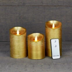 3er-Set LED-Echtwachskerze, Magic Flame, Gold, Fernbedienung, Batterie