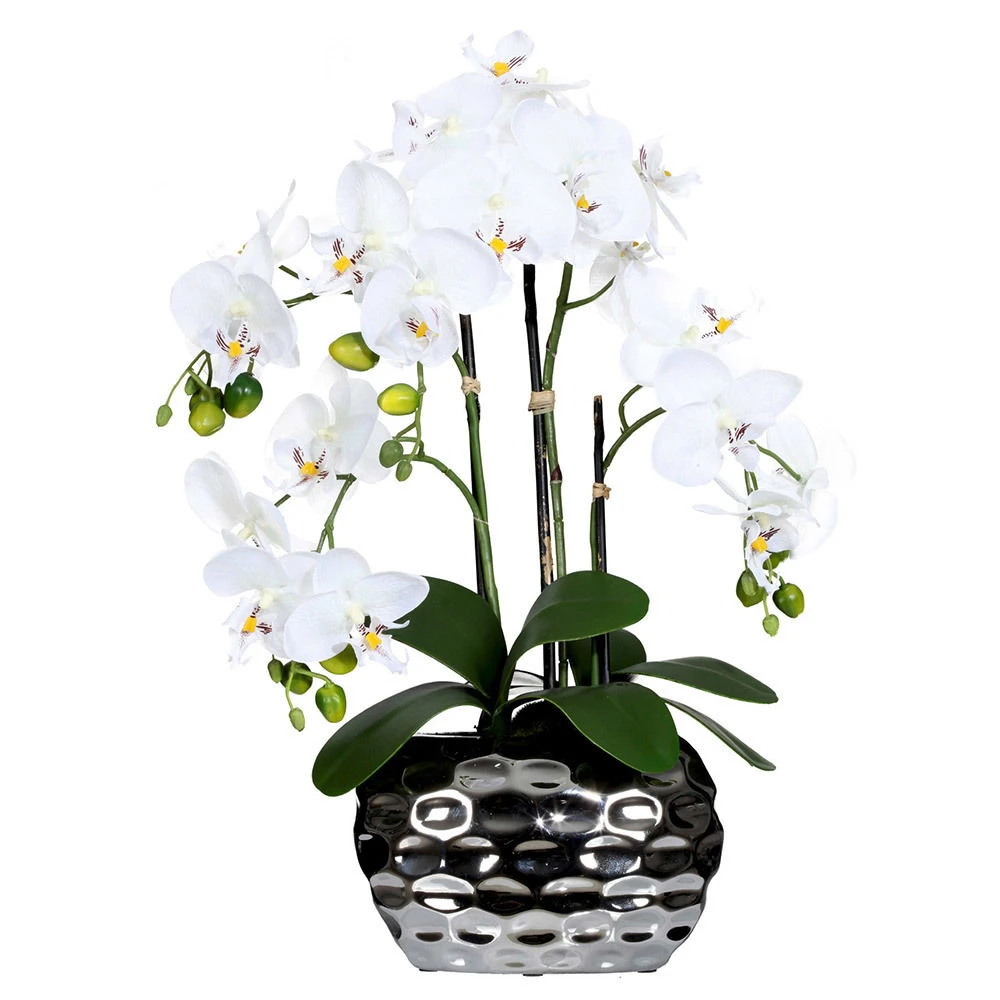 Kunstpflanze Orchidee Weiß In Silberfarbener Ovalvase, Ca. 55 Cm